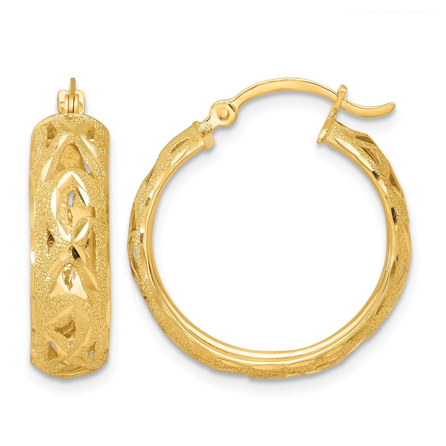 14k Polished Laser and Diamond-cut 6.15x21mm Fancy Design Round Hoop Earrings