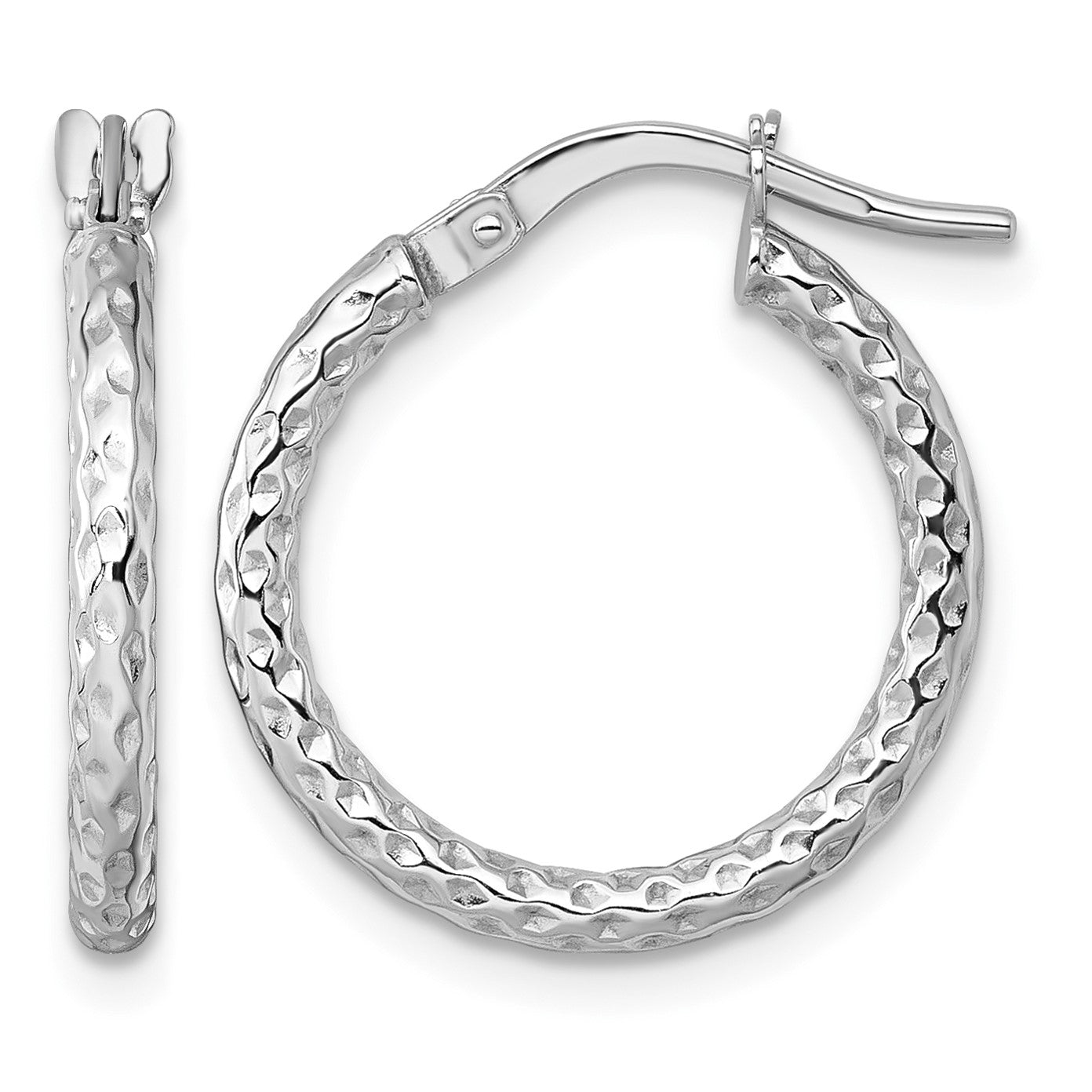 14k White Gold Polished Diamond-cut Textured 2.00 x 18mm Tube Hoop Earrings