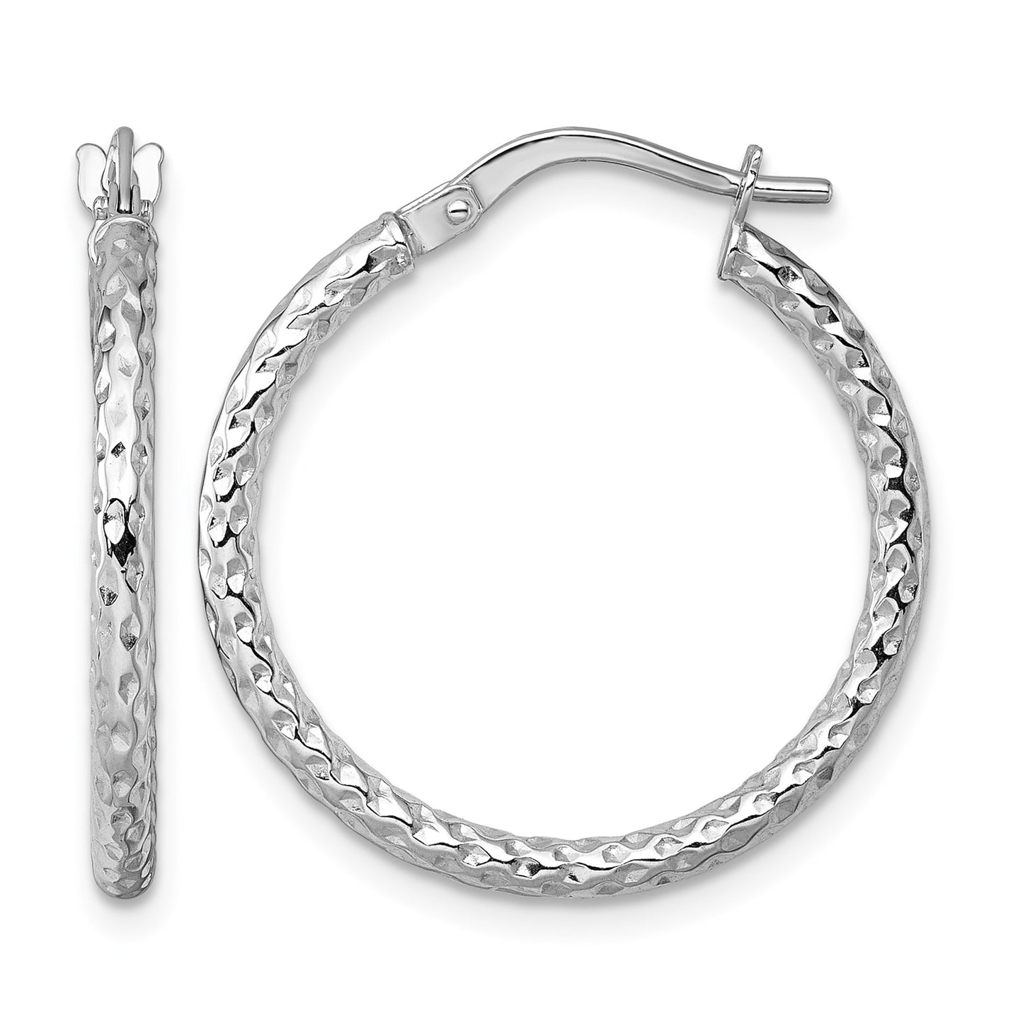 14k White Gold Polished Diamond-cut Textured 2.00 x 23mm Tube Hoop Earrings