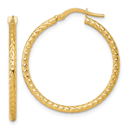 14k Polished Diamond-cut Textured 2.00 x 28mm Tube Hoop Earrings