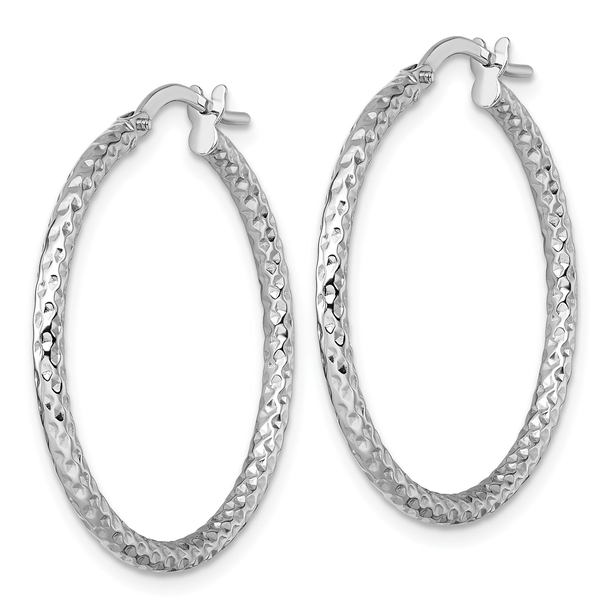 14k White Gold Polished Diamond-cut Textured 2.00 x 28mm Tube Hoop Earrings