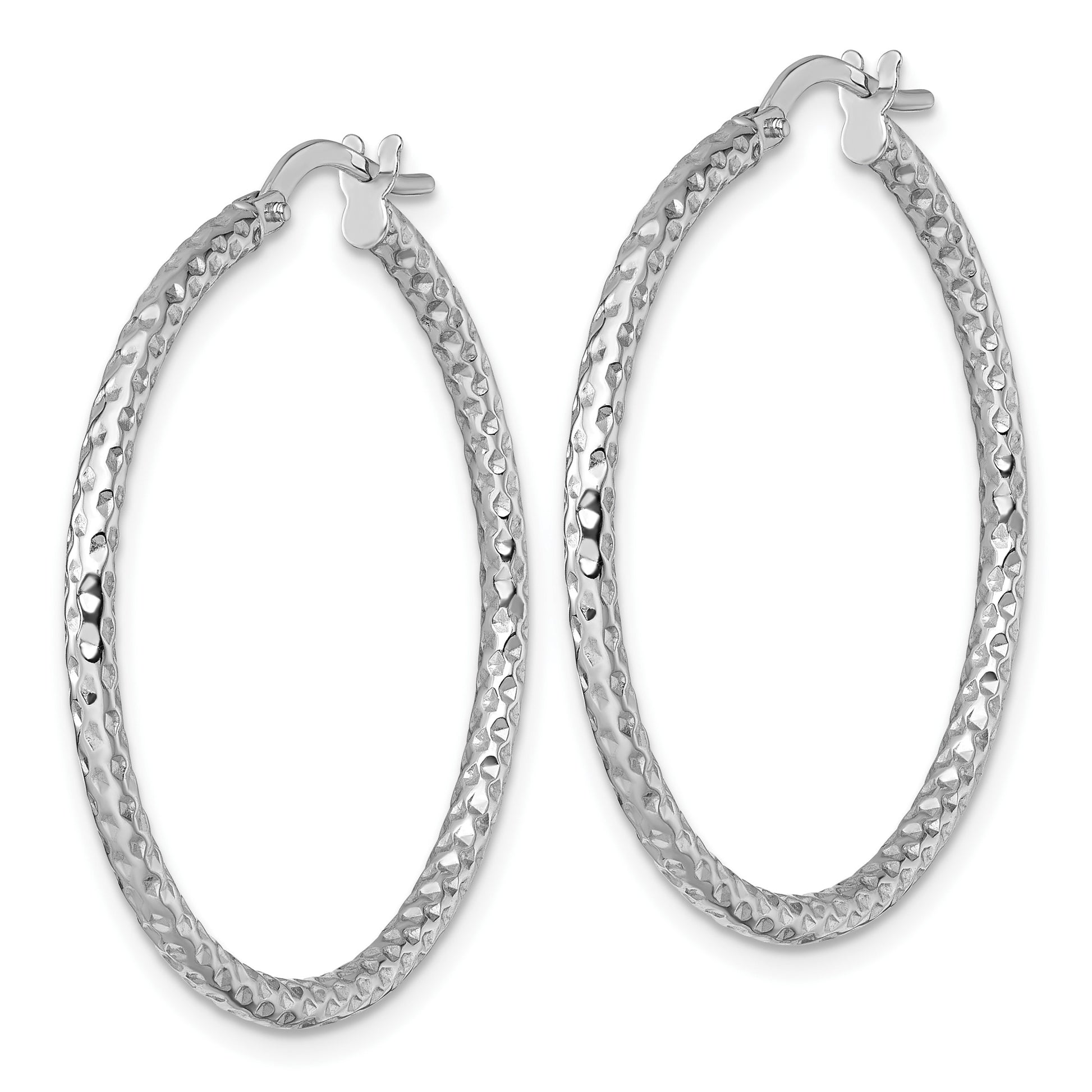 14k White Gold Polished Diamond-cut Textured 2.00 x 32mm Tube Hoop Earrings