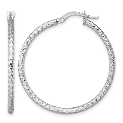 14k White Gold Polished Diamond-cut Textured 2.00 x 32mm Tube Hoop Earrings