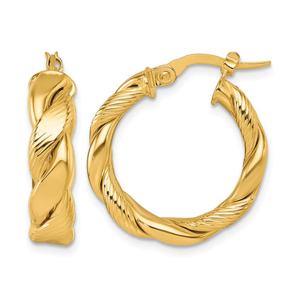 14K Polished and Textured Twisted 5.00mm x 20mm Round Tube Hoop Earrings