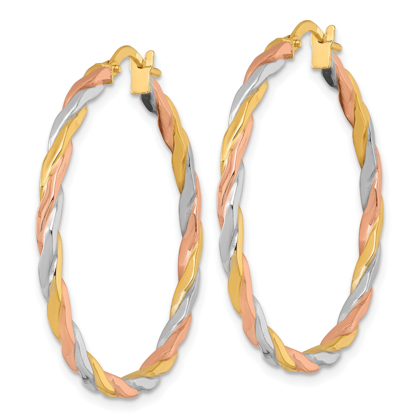14k with Rose and White Rhodium Polished Twisted 2.00 x 34mm Tube Hoop Earrings