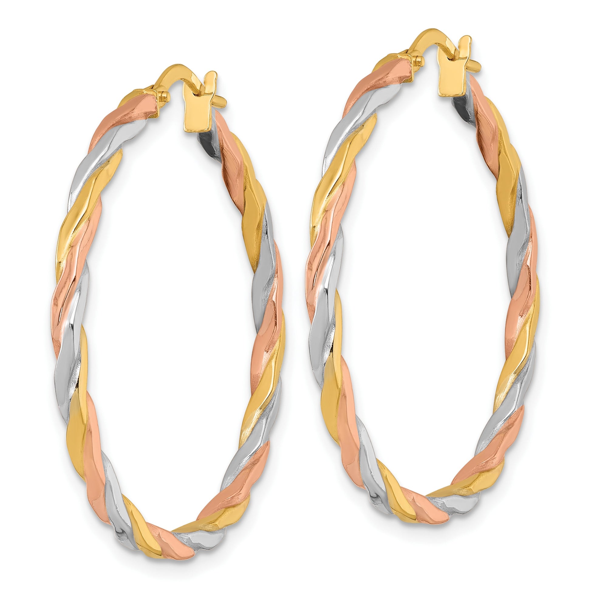14k with Rose and White Rhodium Polished Twisted 2.00 x 34mm Tube Hoop Earrings