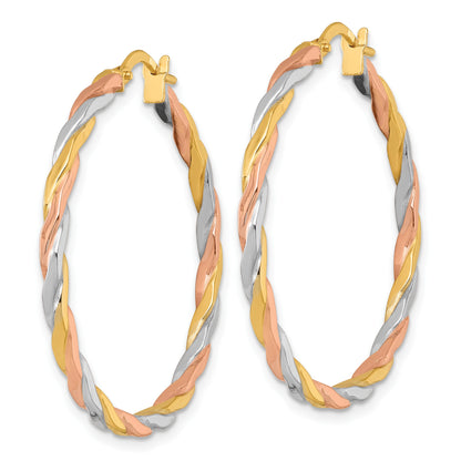 14k with Rose and White Rhodium Polished Twisted 2.00 x 34mm Tube Hoop Earrings