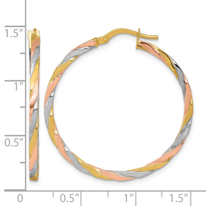 14k with Rose and White Rhodium Polished Twisted 2.00 x 34mm Tube Hoop Earrings