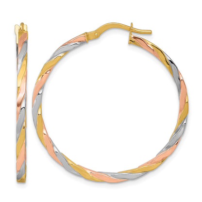 14k with Rose and White Rhodium Polished Twisted 2.00 x 34mm Tube Hoop Earrings