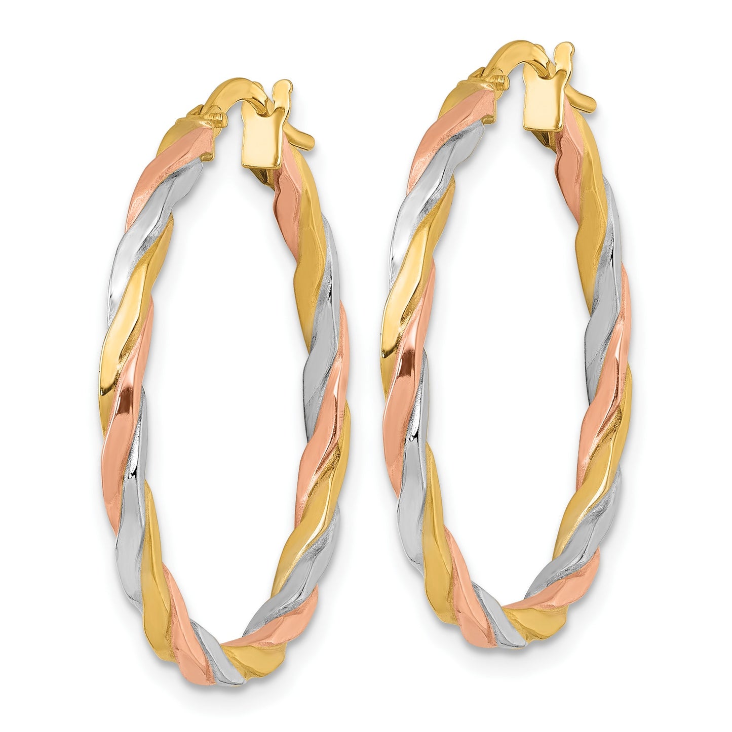 14k with Rose and White Rhodium Polished Twisted 2.00 x 28mm Tube Hoop Earrings