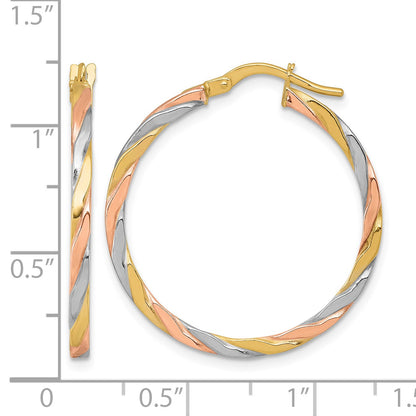 14k with Rose and White Rhodium Polished Twisted 2.00 x 28mm Tube Hoop Earrings