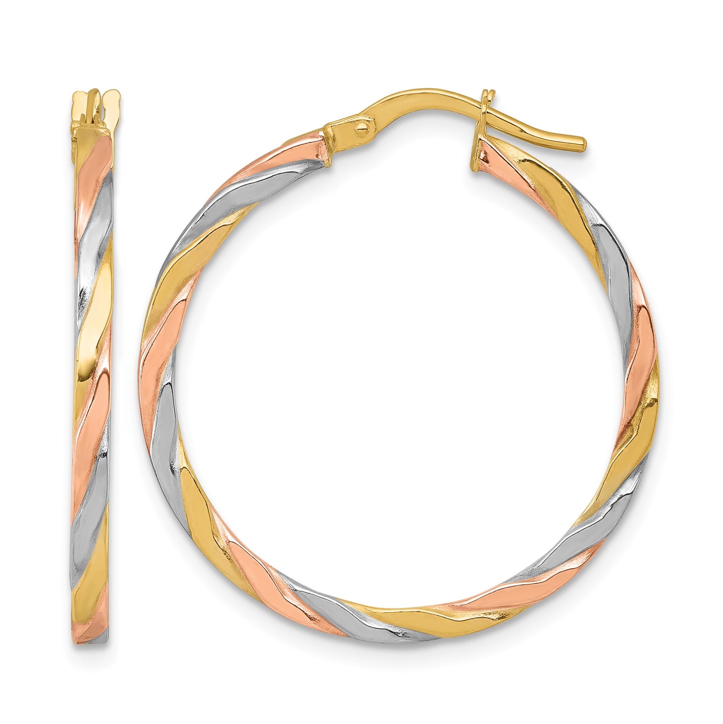 14k with Rose and White Rhodium Polished Twisted 2.00 x 28mm Tube Hoop Earrings
