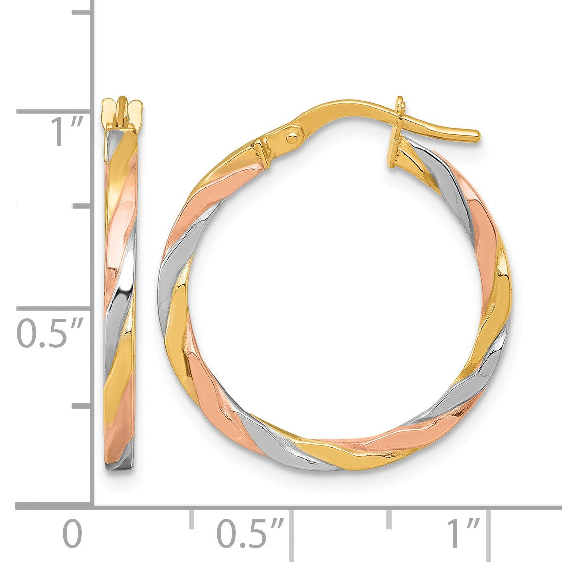 14k with Rose and White Rhodium Polished Twisted 2.00 x 24mm Tube Hoop Earrings