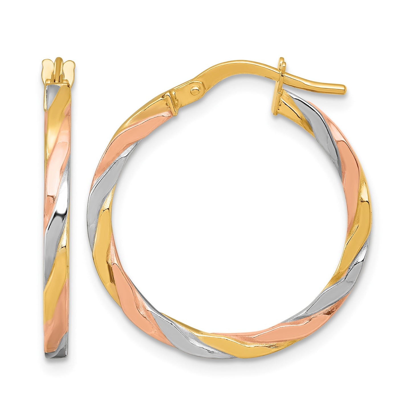 14k with Rose and White Rhodium Polished Twisted 2.00 x 24mm Tube Hoop Earrings