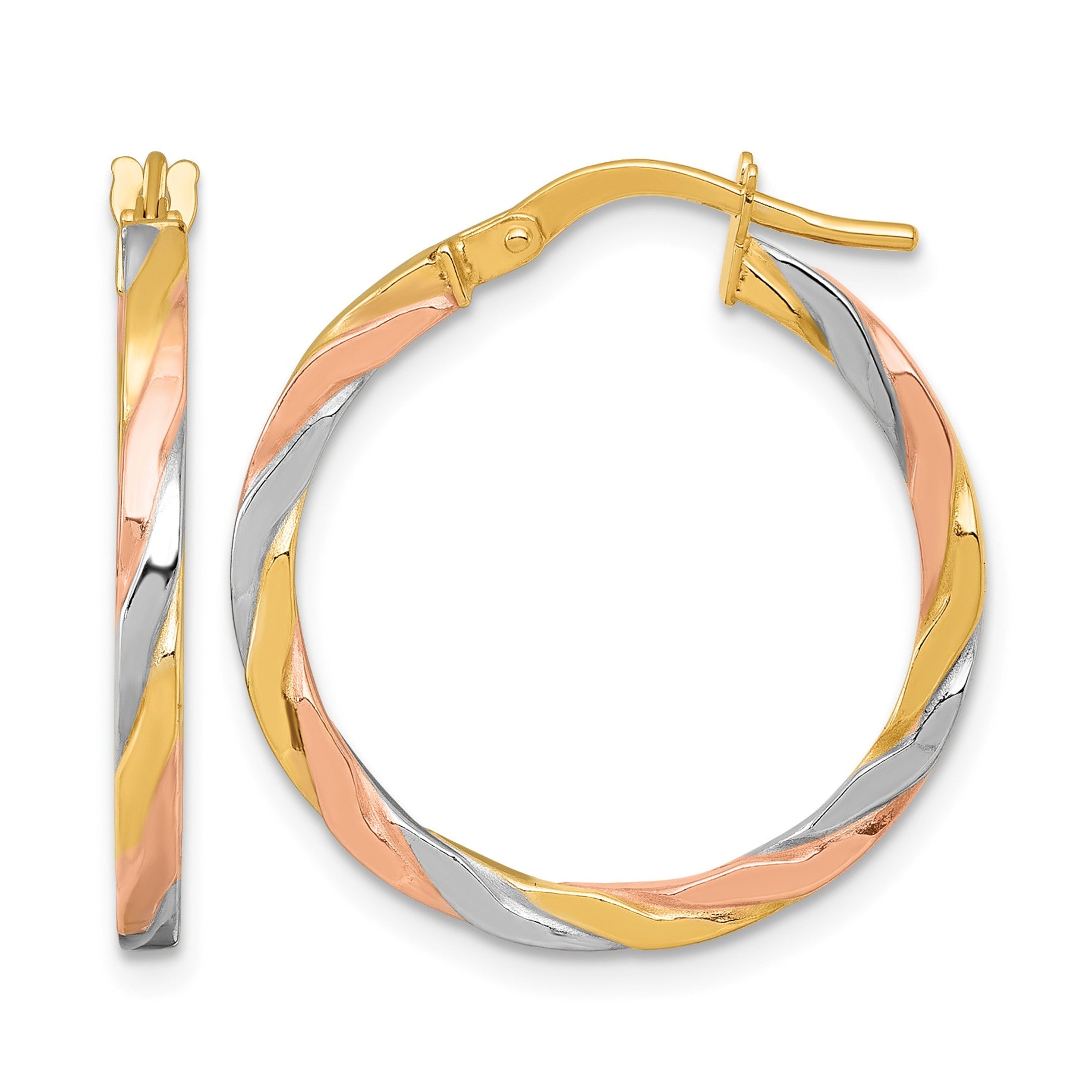 14k with Rose and White Rhodium Polished Twisted 2.00 x 24mm Tube Hoop Earrings