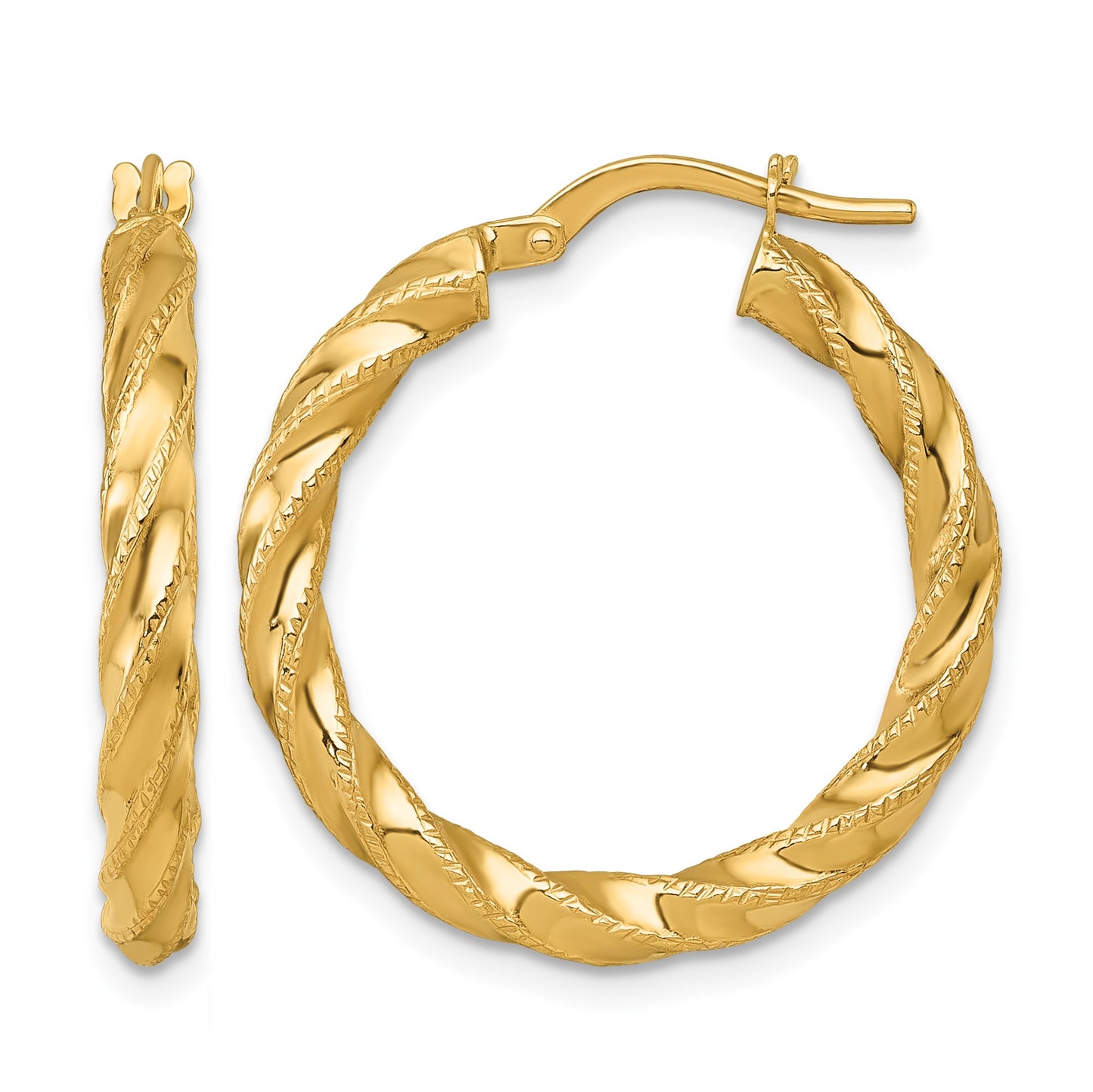 14k Polished Diamond-cut Twisted 3.00 x 25mm Tube Hoop Earrings
