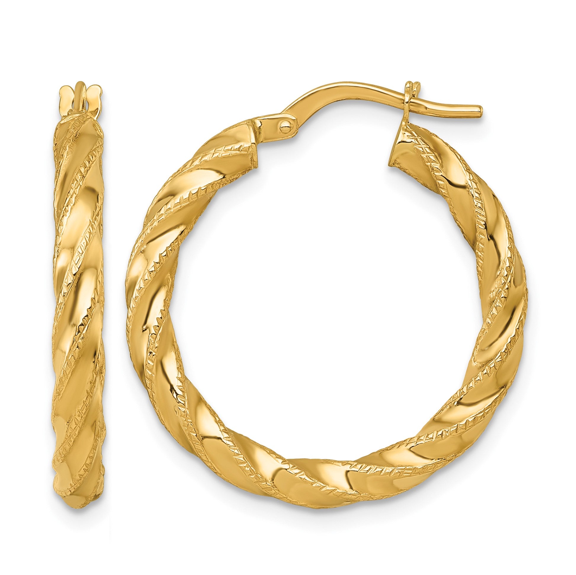 14k Polished Diamond-cut Twisted 3.00 x 25mm Tube Hoop Earrings