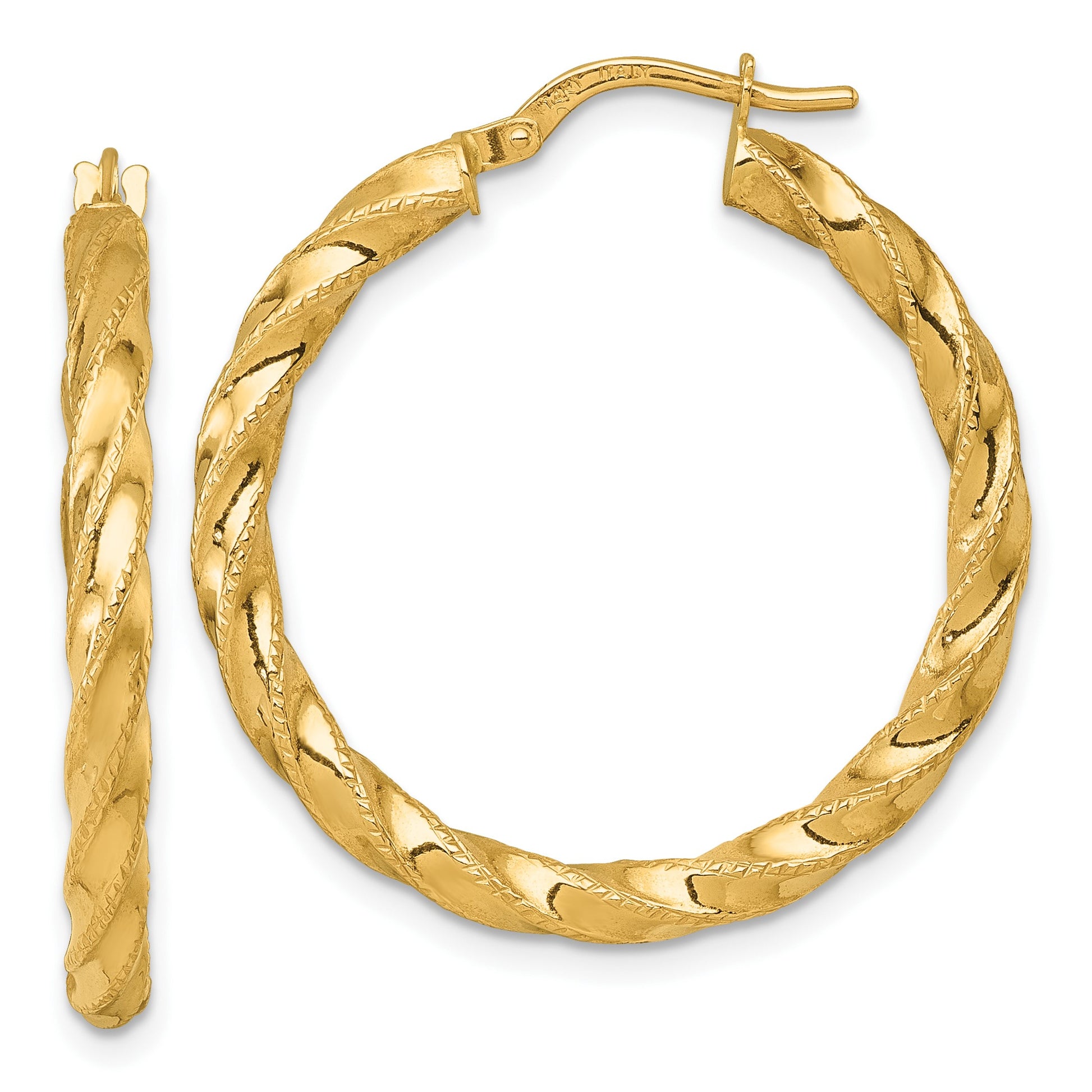 14k Polished Diamond-cut Twisted 3.00 x 30mm Tube Hoop Earrings