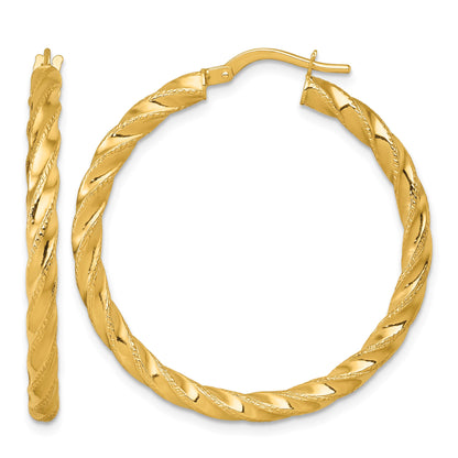 14k Polished Diamond-cut Twisted 3.00 x 35mm Tube Hoop Earrings