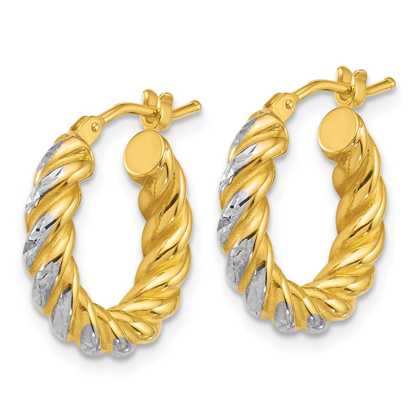 14k with White Rhodium Polished Diamond-cut Twisted 3.75mm Tube Hoop Earrings