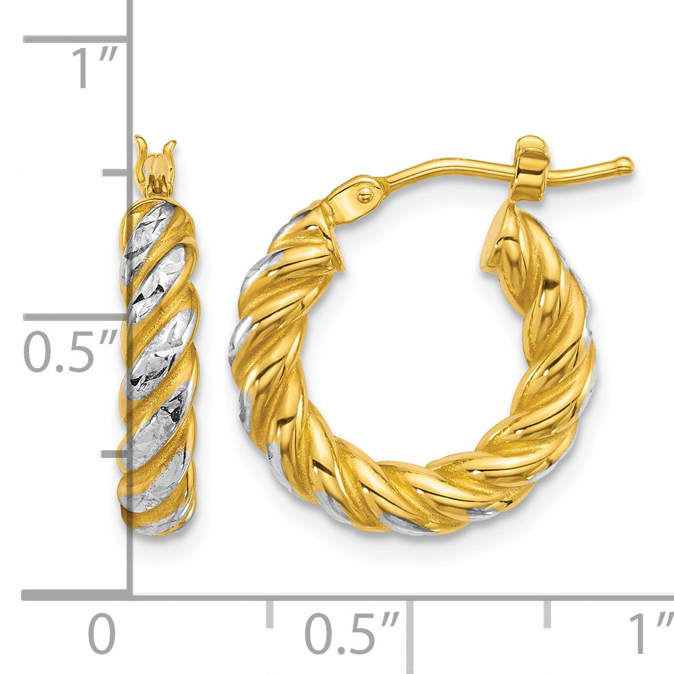 14k with White Rhodium Polished Diamond-cut Twisted 3.75mm Tube Hoop Earrings