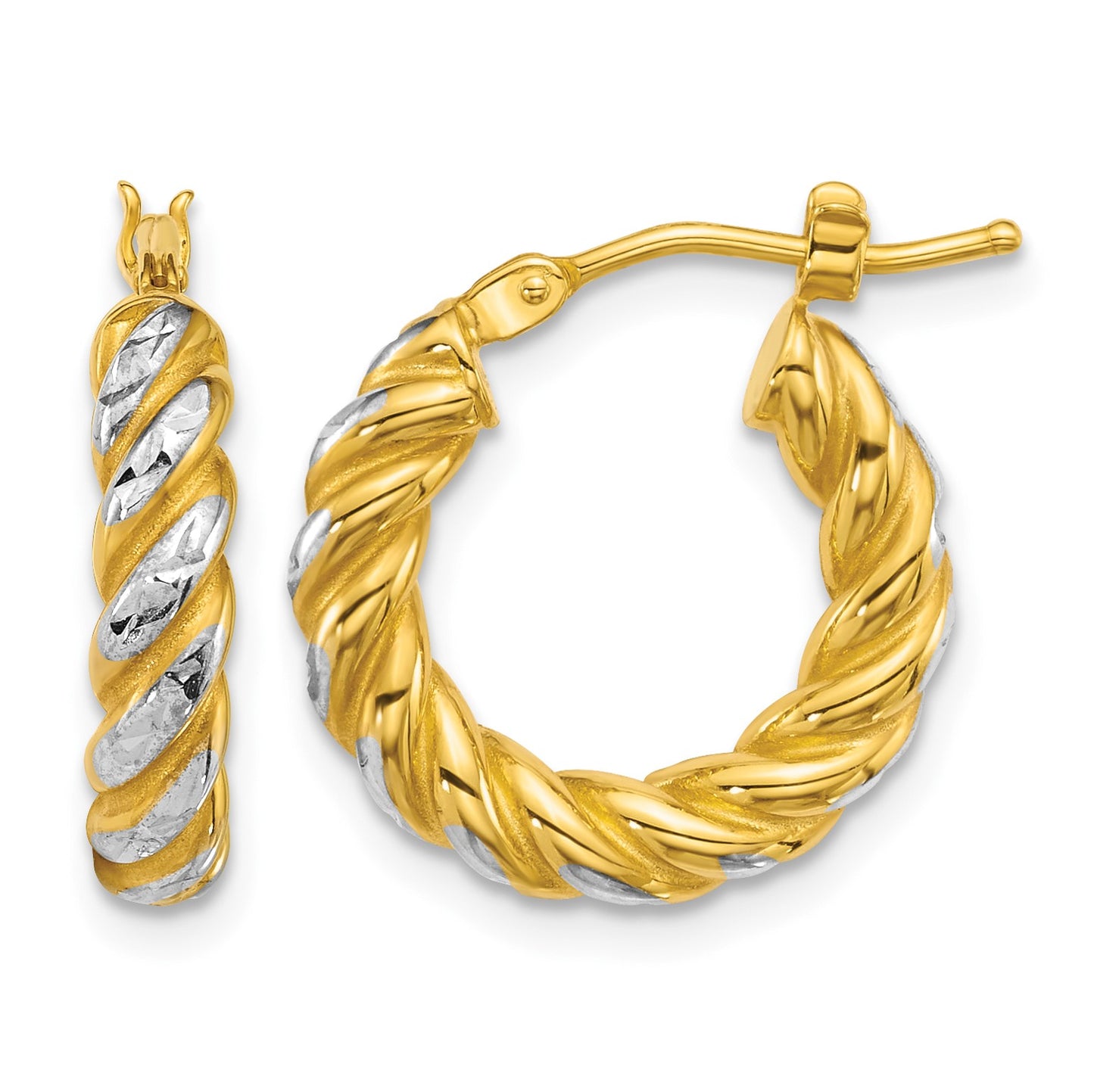 14k with White Rhodium Polished Diamond-cut Twisted 3.75mm Tube Hoop Earrings