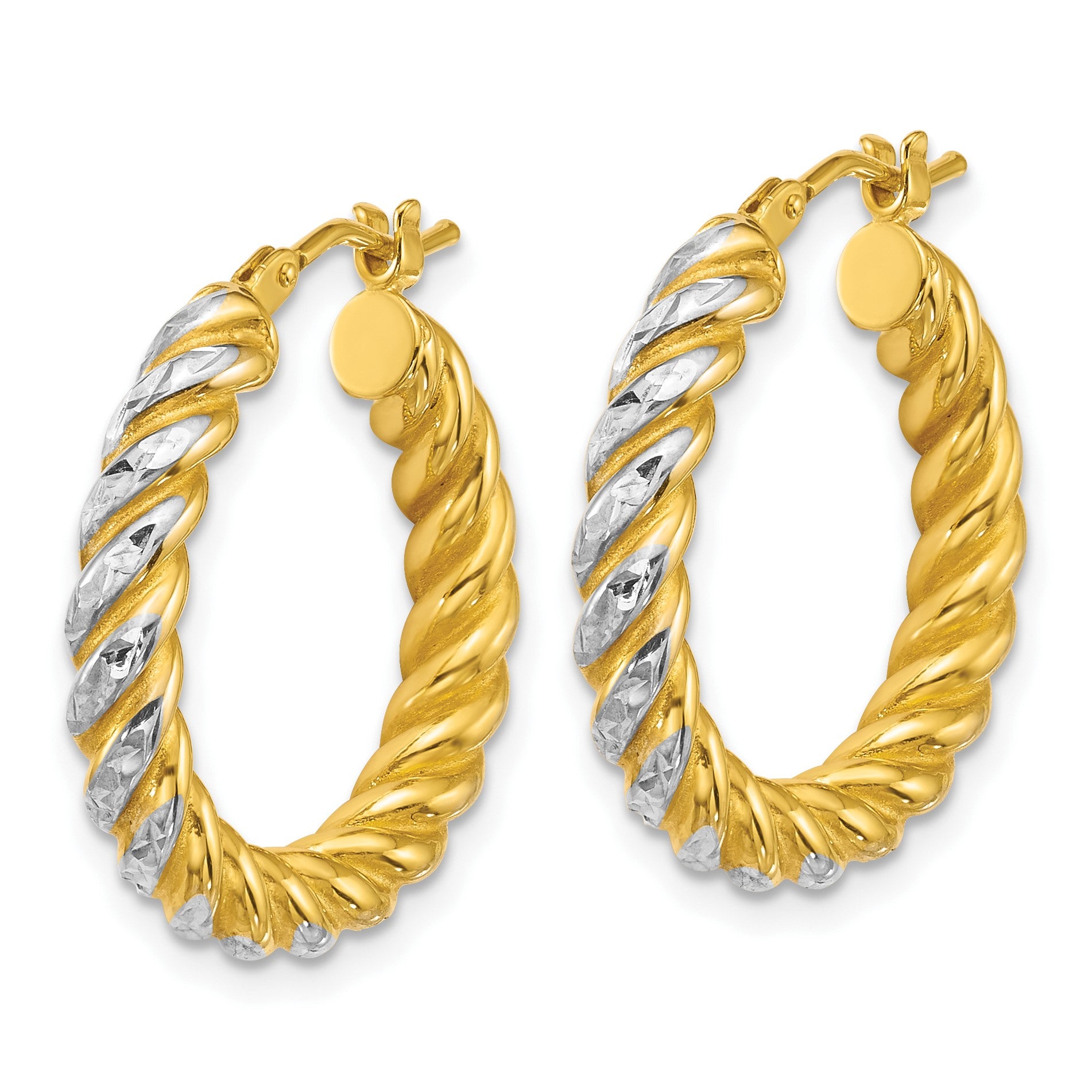 14k with White Rhodium Polished Diamond-cut Twisted 3.75mm Tube Hoop Earrings