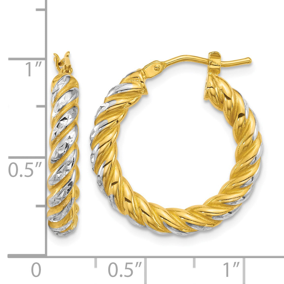 14k with White Rhodium Polished Diamond-cut Twisted 3.75mm Tube Hoop Earrings