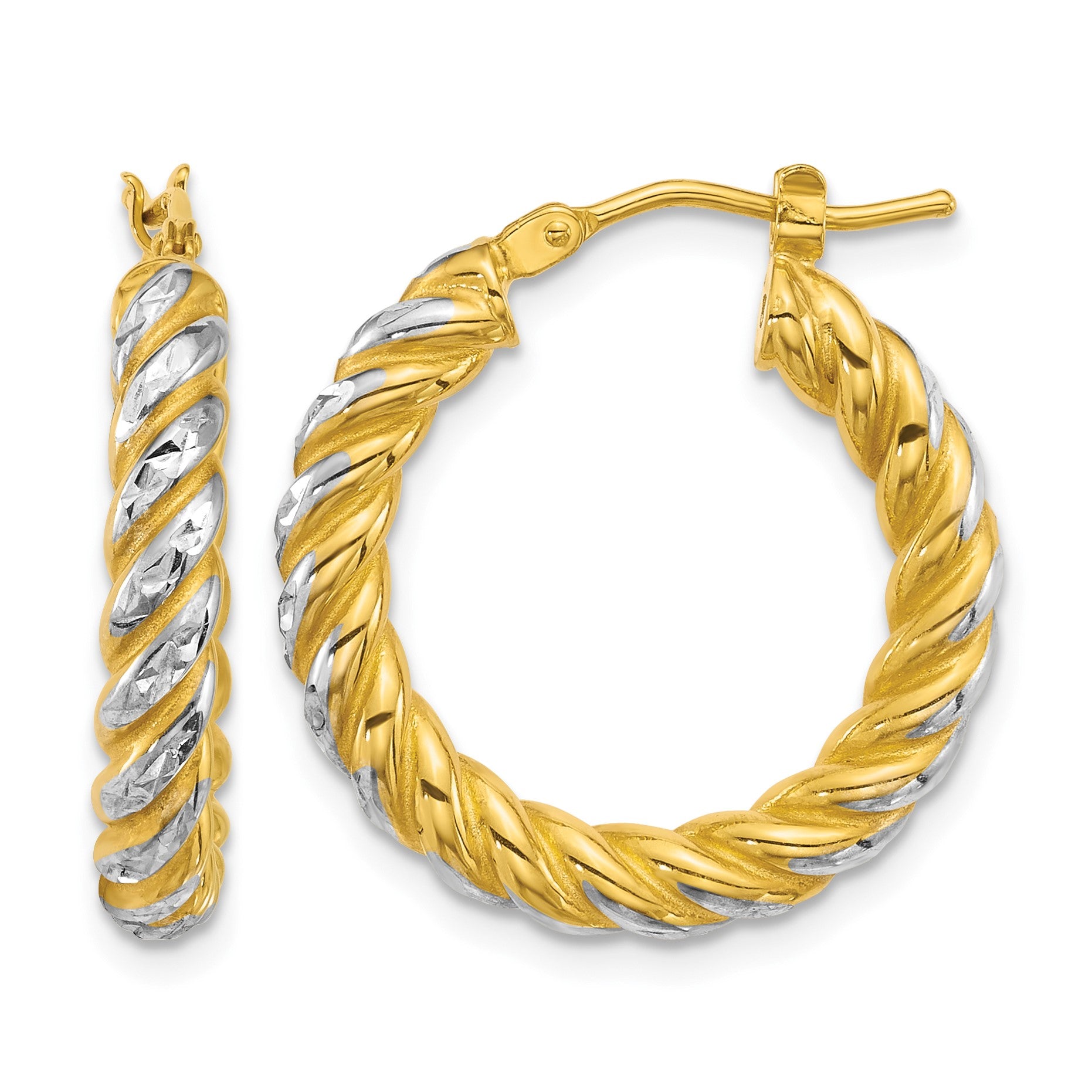 14k with White Rhodium Polished Diamond-cut Twisted 3.75mm Tube Hoop Earrings