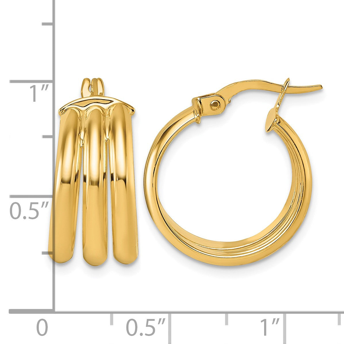 14K Polished Triple Row 8.00mm x 18mm Tube Round Hoop Earrings