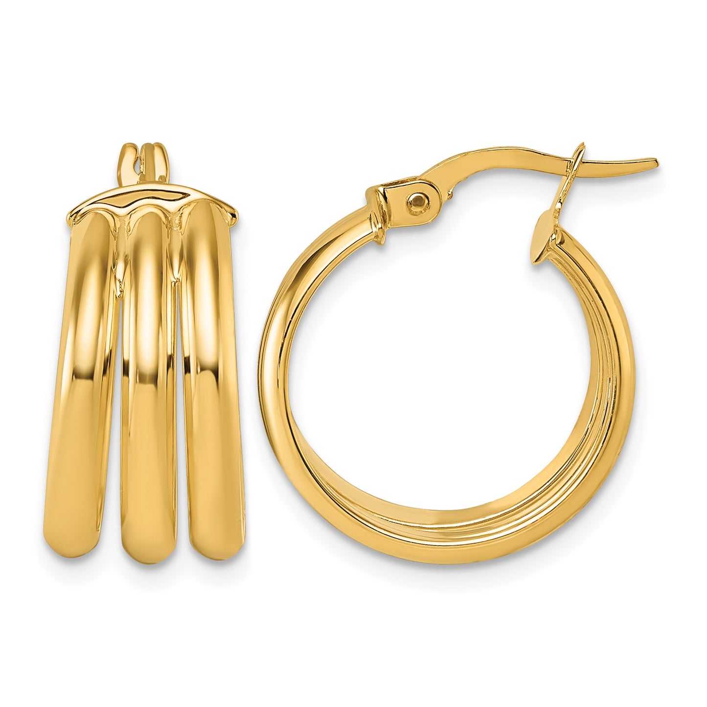 14K Polished Triple Row 8.00mm x 18mm Tube Round Hoop Earrings