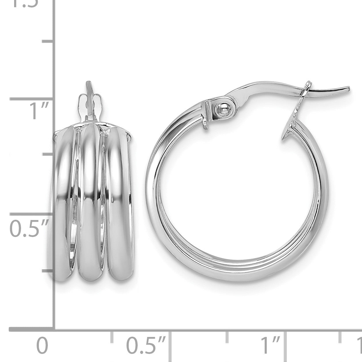 14K with White Rhodium Polished Triple Row 8.00mm x 18mm Round Hoop Earrings