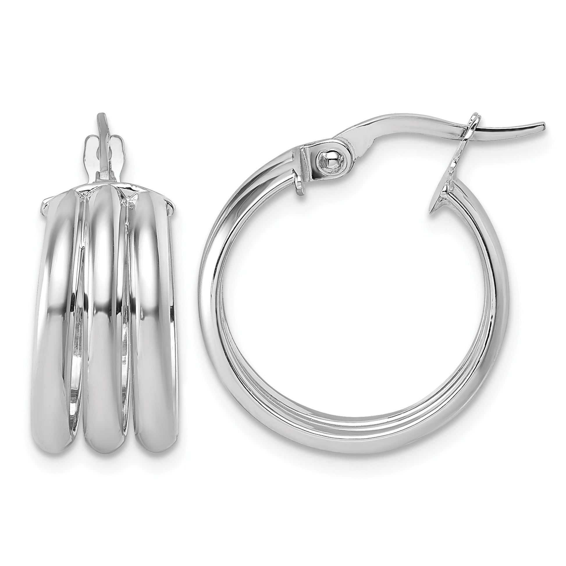 14K with White Rhodium Polished Triple Row 8.00mm x 18mm Round Hoop Earrings