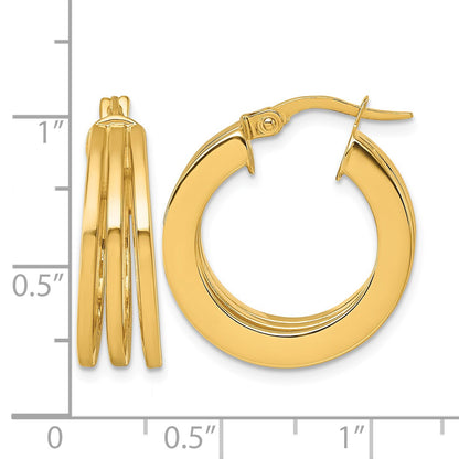 14K Polished Triple Row 6.6mm x 20mm Square Tube Round Hoop Earrings