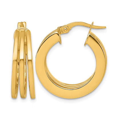 14K Polished Triple Row 6.6mm x 20mm Square Tube Round Hoop Earrings