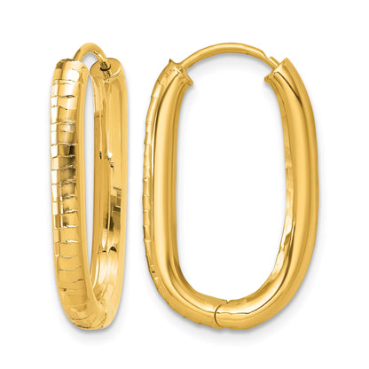 14k Polished 3.25mm Textured Oval Hinged Hoop Earrings