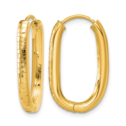14k Polished 3.25mm Textured Oval Hinged Hoop Earrings