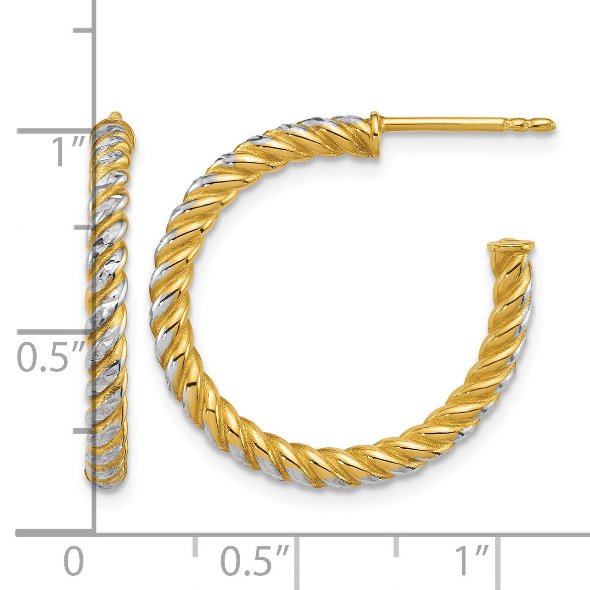 14k with White Rhodium Polished Diamond-cut Twisted 2.75mm Tube C-Hoop Post Earrings