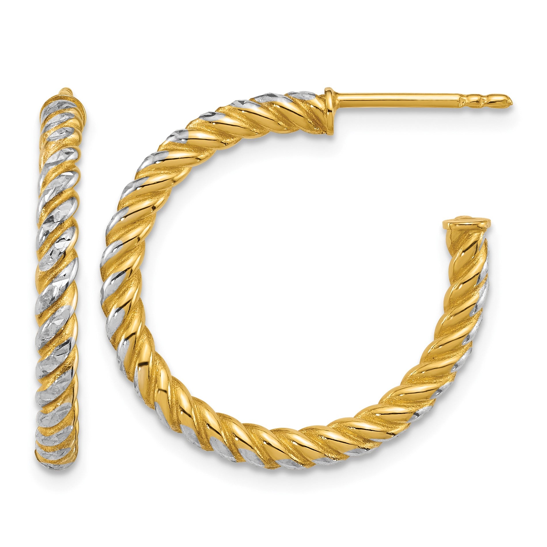 14k with White Rhodium Polished Diamond-cut Twisted 2.75mm Tube C-Hoop Post Earrings