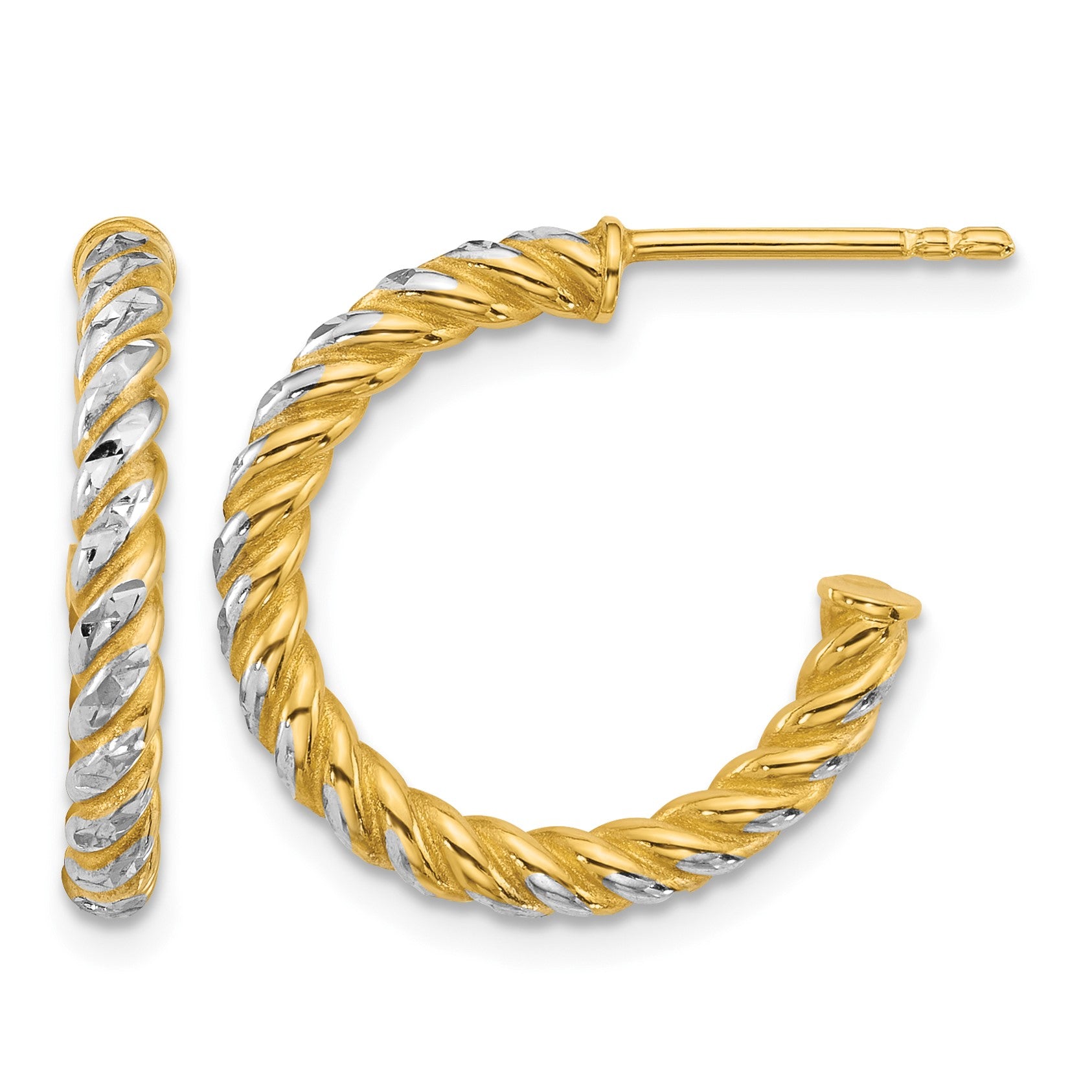 14k with White Rhodium Polished Diamond-cut Twisted 2.75mm Tube C-Hoop Post Earrings