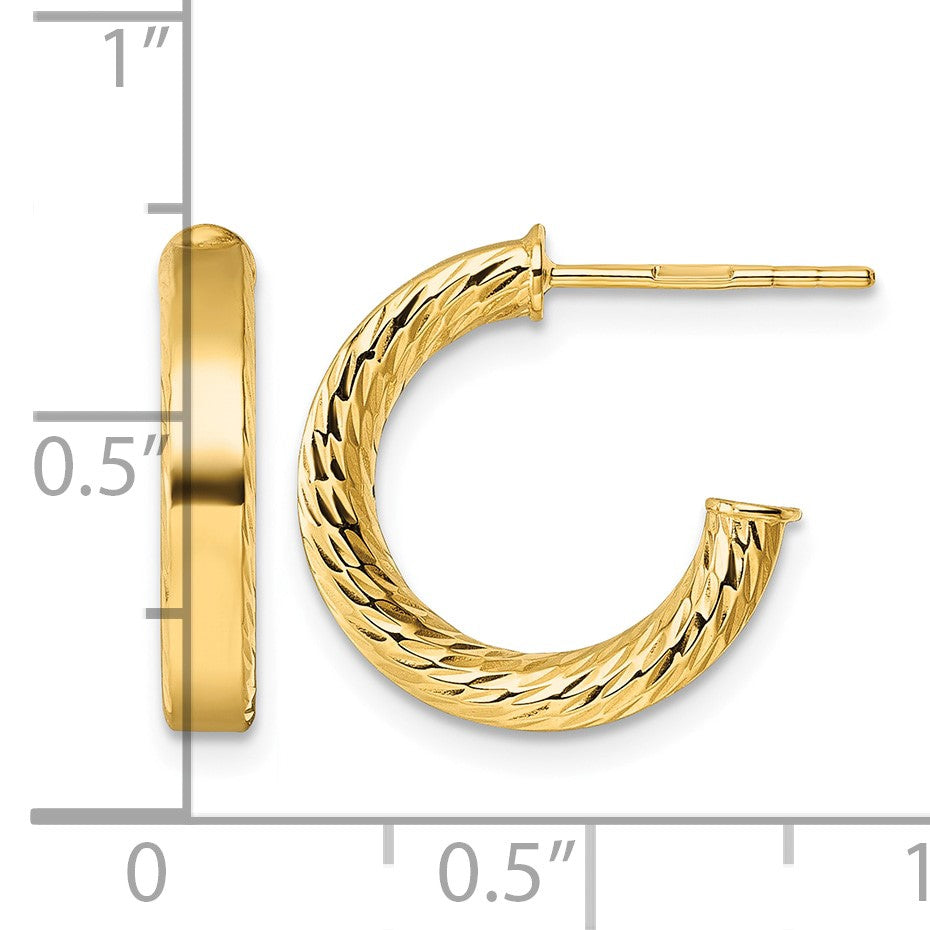 14k Polished and Diamond-cut 3.00 x 15mm Tube C-Hoop Post Earrings