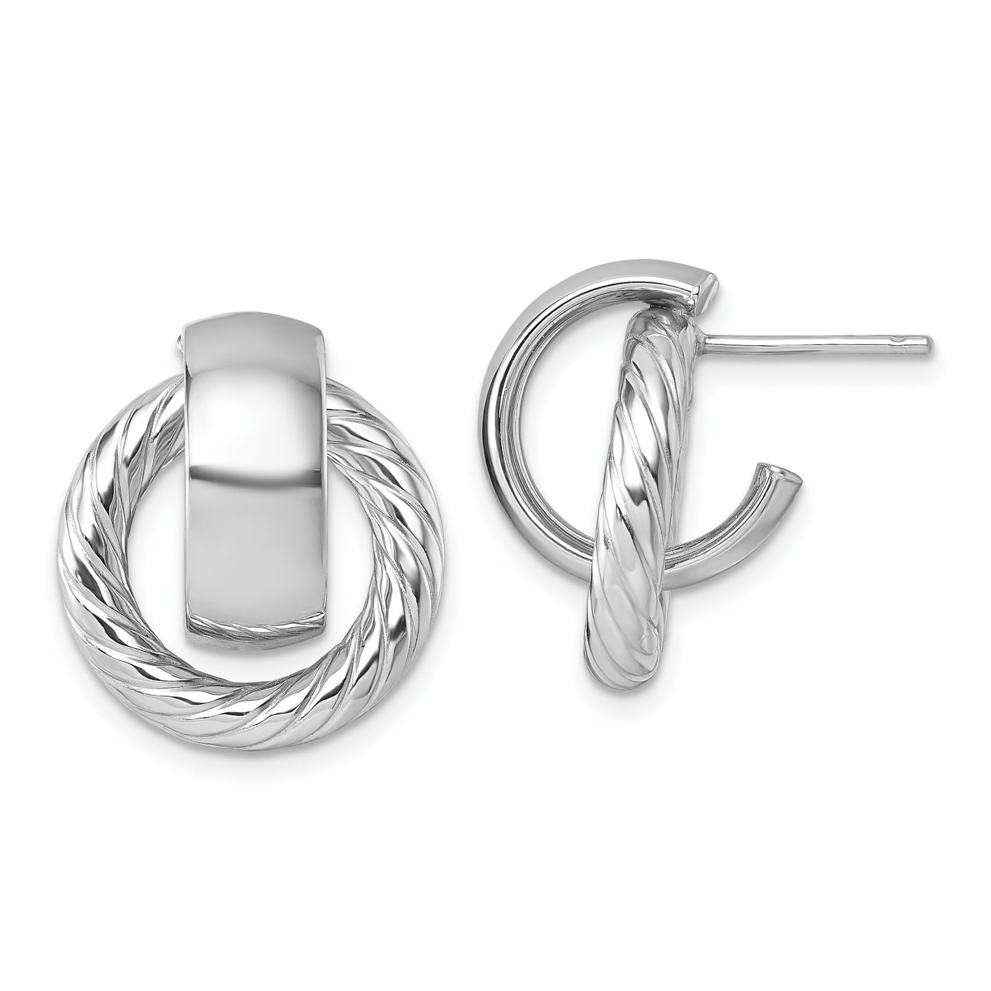 14K with White Rhodium Polished and Twisted Doorknocker C-Hoop Post Earrings