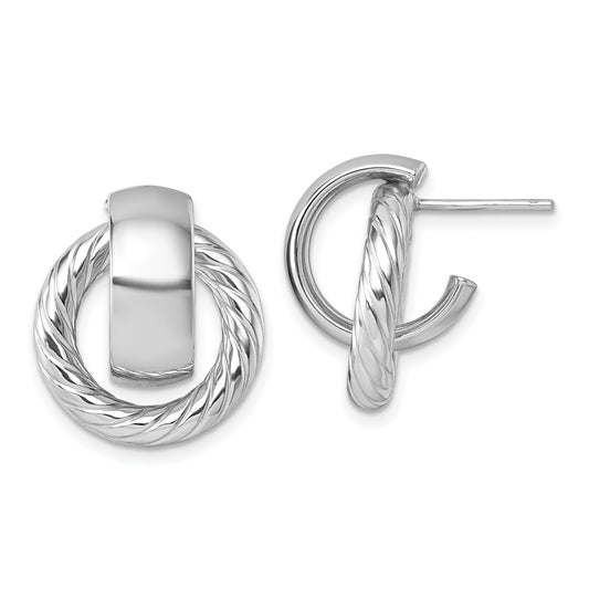 14K with White Rhodium Polished and Twisted Doorknocker C-Hoop Post Earrings