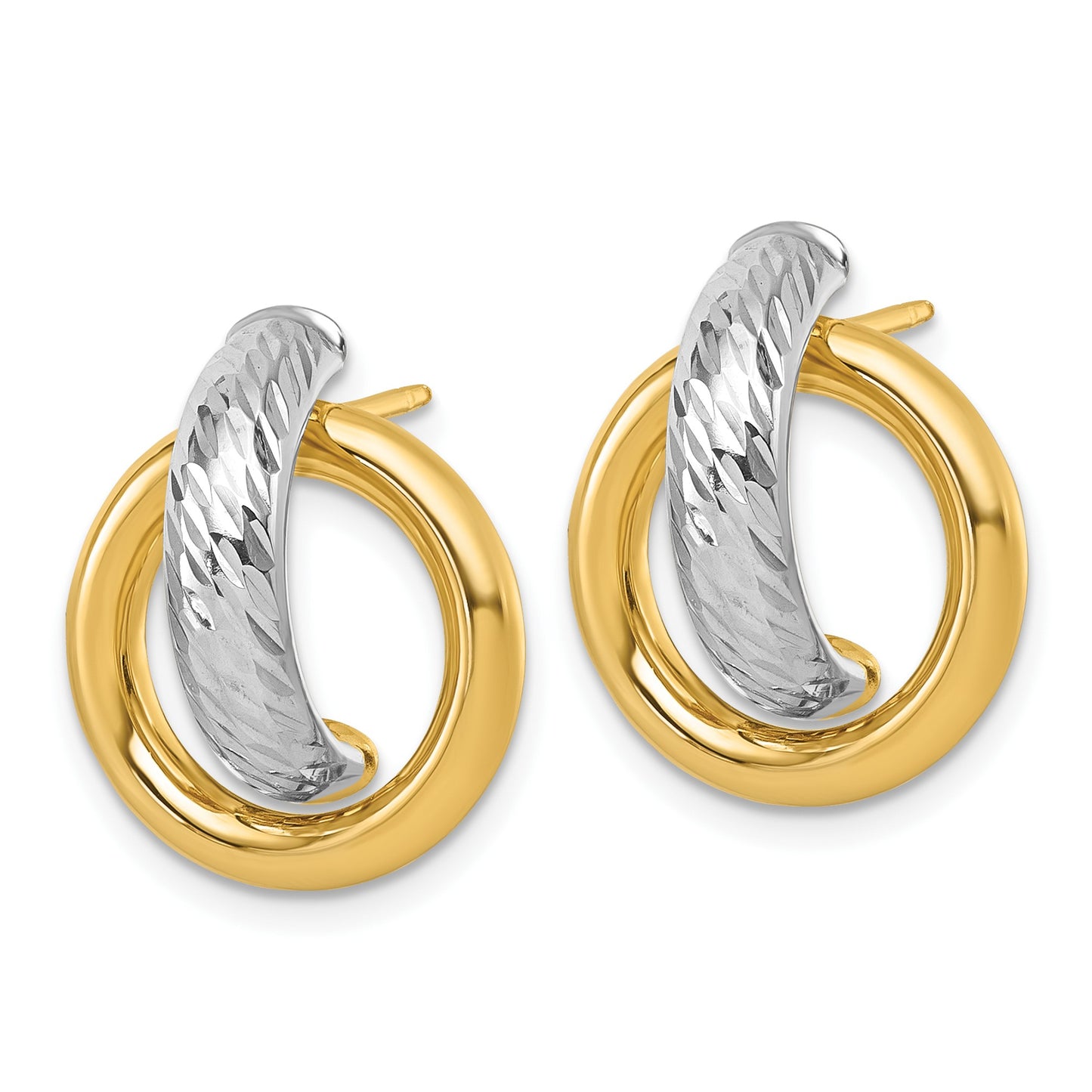 14K and White Rhodium Polished Diamond-cut Doorknocker Post Earrings