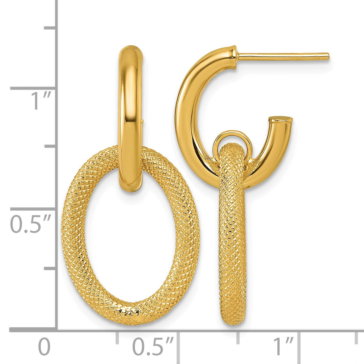 14K Polished and Textured Oval Dangle C-Hoop Post Earrings