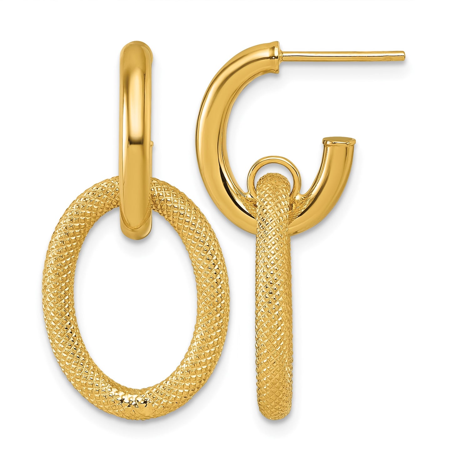 14K Polished and Textured Oval Dangle C-Hoop Post Earrings