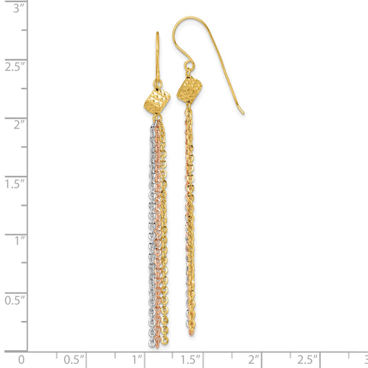 14k Tri-color Polished Fancy Chain Tassel Dangle French Hook Earrings