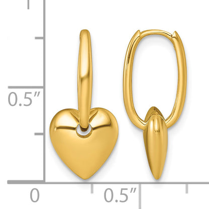 14k Polished Dangle Puffed Heart Hinged Hoop Earrings