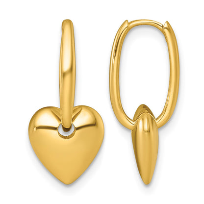 14k Polished Dangle Puffed Heart Hinged Hoop Earrings