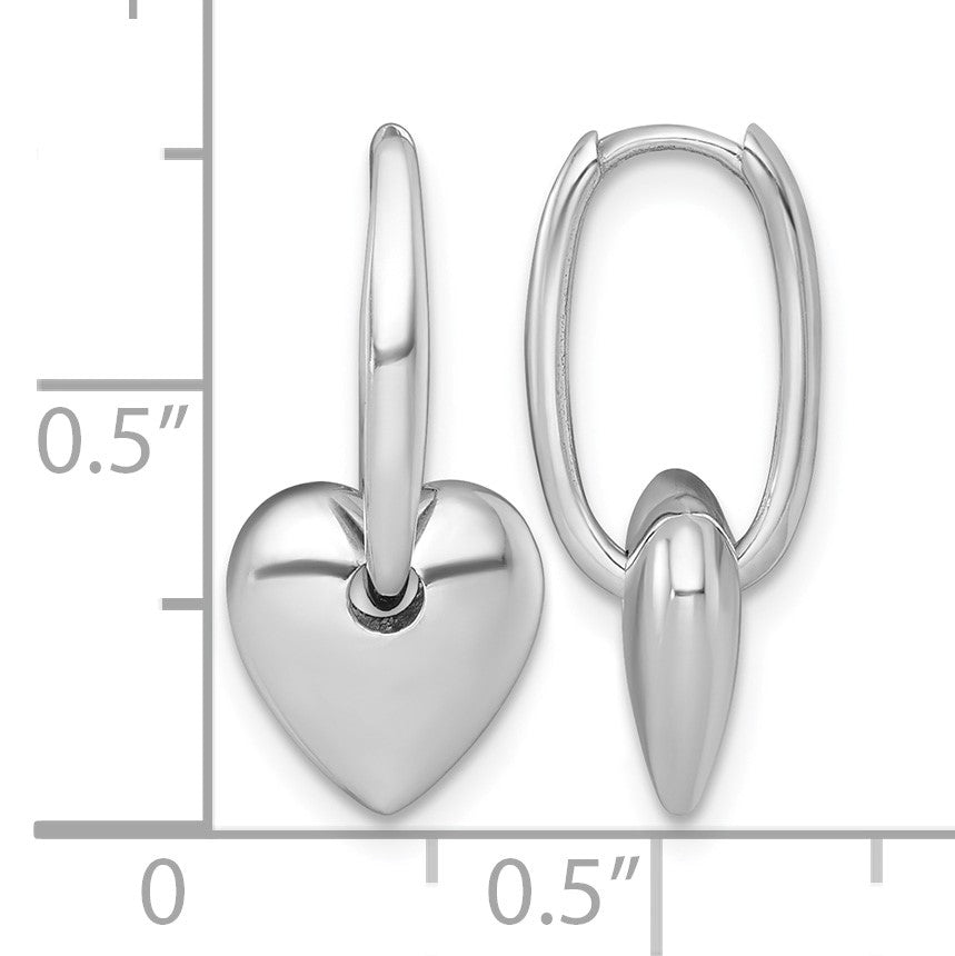 14k White Gold Polished Dangle Puffed Heart Hinged Hoop Earrings